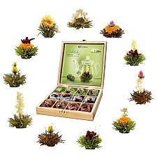 Giftbox com 12 flores de chá em caixa de madeira