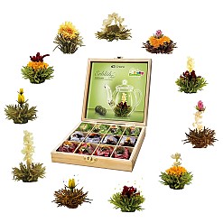 Giftbox com 12 flores de chá em caixa de madeira