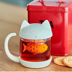 Chávena de chá em forma de gatinho com infusor de peixe