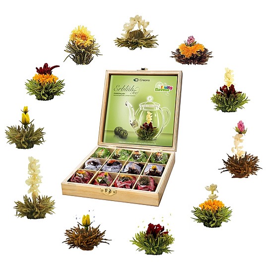 Conjunto de oferta de 12 flores de chá em caixa de madeira